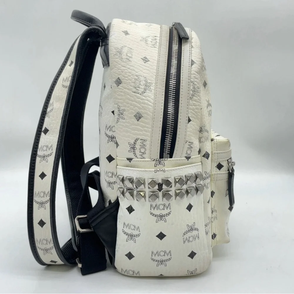 Authentic MCM Visetos Pattern White Leather Studded Backpack medium size